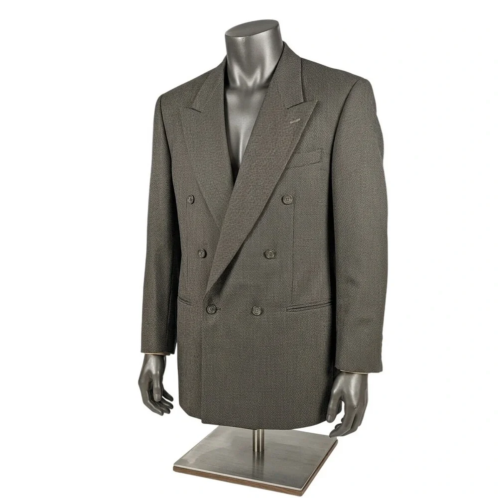 Lord & Taylor Mens 42R Double Breasted Blazer Pure Virgin Wool Grey Houndstooth